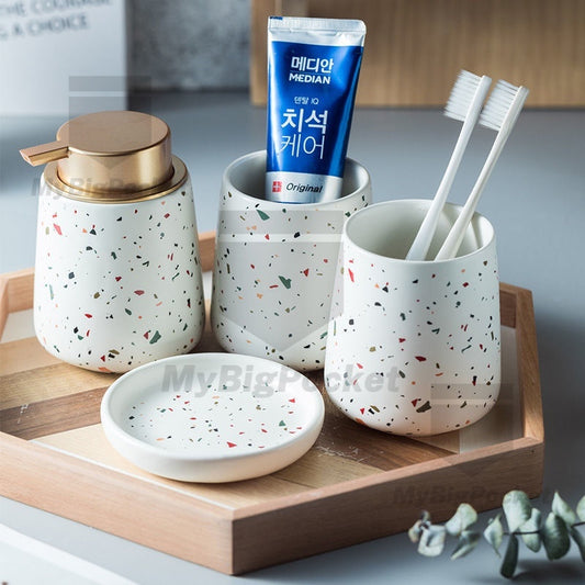 4piece Luxury Ceramic Terrazo Matt Bathroom Toiletries Set - Dispenser with two cupholders & dish tray